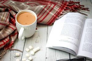 Close Up Photo of Cup of Hot Chocolate standing next to Open Book and Blanket on Wooden Table