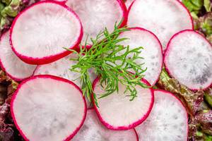 Close-up salad with sliced radish, lettuce and dill