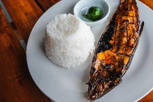 Close up shot of grilled bangus with rice