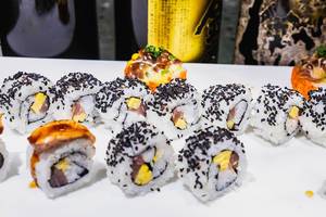 Close up shot of sesame topped sushi