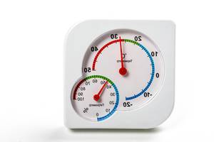 Closeup hygrometer and thermometer on white background (Flip 2019)