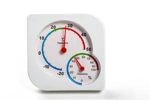 Closeup hygrometer and thermometer on white background