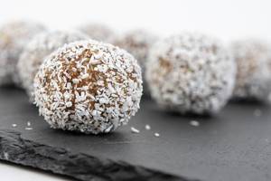 Closeup of Energy Balls with Almonds and Walnuts with Coconut