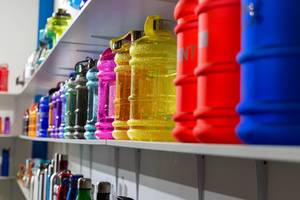 Colorful plastic bottles and canisters