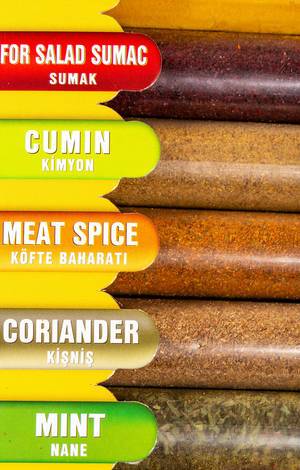 Colorful spices and herbs with names
