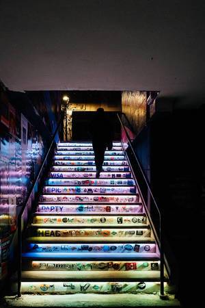 Colorful stairs in 6 dogs pub