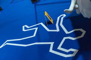 Crime scene: contour of a body in light blue with number on blue background