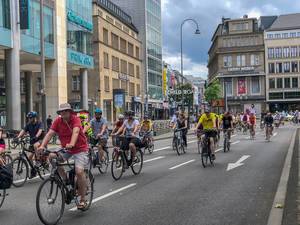 Critical Mass Participants near Schildergasse in Cologne, Germany,  draw attention to bicycle traffic in big city