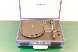 Crosley blue portable record player at the Jams Music & Design Hotel in Munich