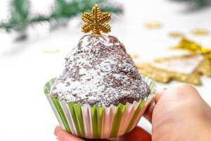 Cupcake in a female hand on a Christmas background (Flip 2019)