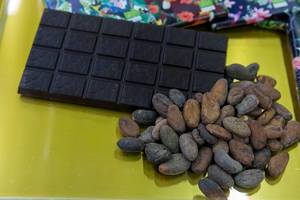 Dark chocolate from the Belgian brand Bianca, on display with cocoa beans