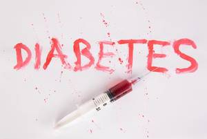 Das blutige Wort Diabetes mit Injektionsnadel -Spritze