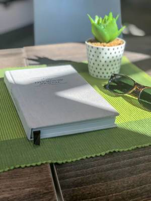 Das Buch The Five Minute Journal, Sonnenbrille und eine künstliche Pflanze auf dem Tisch