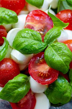 Delicious italian caprese salad with ripe tomatoes, fresh garden basil and mozzarella cheese
