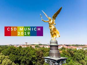 Der Friedensengel in München, neben dem Titel "CSD München 2019"