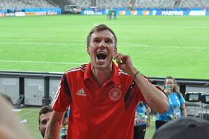 Deutscher Fußballspieler Kevin Großkreutz jubelt nach dem 7:1 Sieg von Deutschland gegen Argentinien in der WM 2014