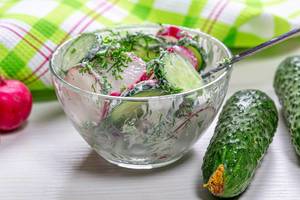 Diät Salat: Teller mit frischem Salat, Gurkenscheiben, Radieschen mit Dill-Joghurt-Dressing in einer Glasschale