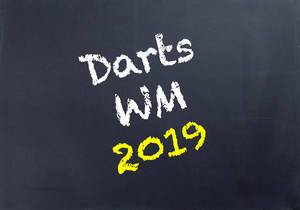 Die Worte DARTS WM 2019 in gelber und weißer Schrift auf schwarzem Hintergrund