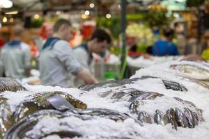 Different kinds of fish on ice at Danilovsky Market in Moscow
