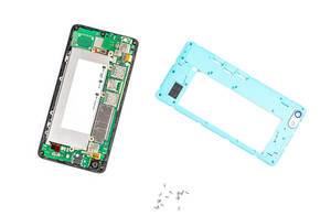 Disassembled smartphone with cover and screws on a white background