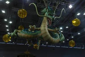 Dragonball Z Dragon Shenron figure hangs from the ceiling at games fair Gamescom in Germany