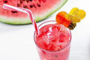 Drink of watermelon smoothie with ice cubes (Flip 2019)