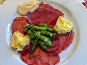 Dry-cured ham and green asparagus