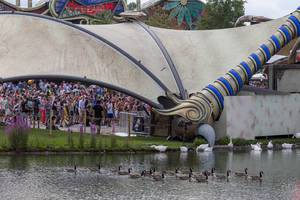 Ducks and geese cooling down in the lake of Tomorrowland festival with the party people in the background