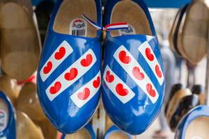 Dutch souvenirs: Blue and white wooden shoes with red hearts