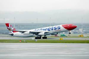 Edelweiss Air Airbus A340 taking off from Zurich Airport, HB-JMD