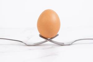 Egg sitting on the crossed forks above white background