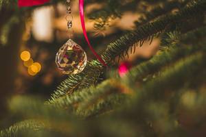 Ein Lichtkristall als Christbaumkugel am Zweig eines Weihnachtsbaumes