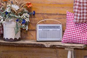 Ein Retro-Radio vor Holzwand mit Feldblumen und rot weiß kariertem Kissen