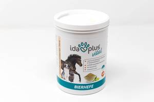 Eine Packung Ida Plus naturreine Bierhefe vor weißem Hintergrund: Futterergänzung für Hunde, Katzen & Pferde