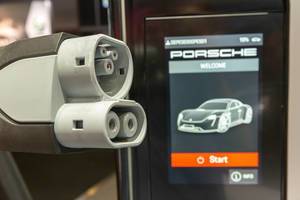Electric mobility with the Taycan Turbo S: CCS plug and Porsche charging station