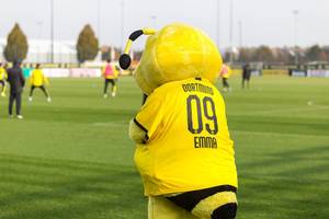 Emma vom BVB am Spielfeldrand des öffentlichen Trainings bei Borussia Dortmund