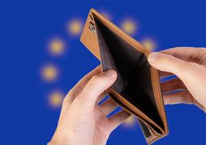 Empty Wallet with Flag of European Union. Recession and Financial Crisis to come with more debt and federal budget deficit?