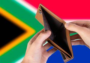 Empty Wallet with Flag of South Africa. Recession and Financial Crisis to come with more debt and federal budget deficit?