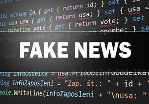 Fake news text over programming source code