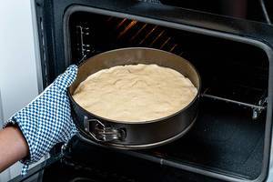 Female hand puts a baking tray with dough in the oven (Flip 2019)