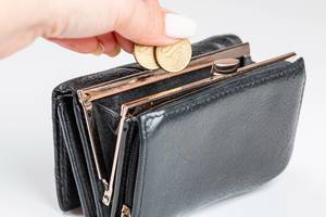 Female hand puts coins in an open black wallet