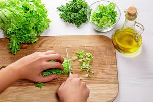Female hands slicing the lettuce. The concept of cooking healthy food