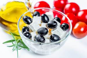 Feta cheese, olive oil and black olives
