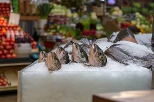 Fischköpfe in einem Fischgeschäft am Danilovsky Market in Moskau