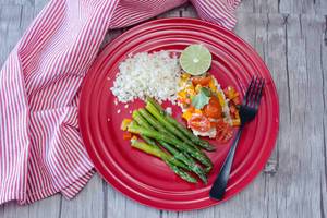 Fish With Asparagus, Rice and Fresh Tomatoe Salsa Top View