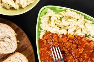 Flat lay above Bolognese Sauce with Pasta