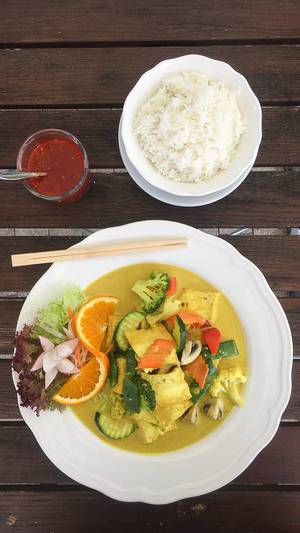 Flatlay of Asian, meatless dish with balanced vegetables and orange in a vegan curry turmeric sauce, next to a bowl of rice.