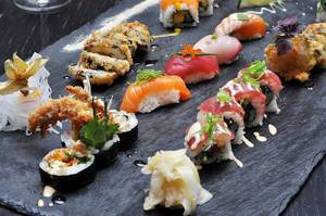 Food Photo of different kinds of Sushi including Salmon, Caviar, Tuna and Fried Sushi
