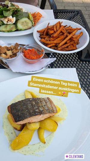 Foodinfluencer postet Instagrambild vom gesunden Abendessen beim Italiener, mit Lachfilet, Kräuterdip, Süßkartoffelpommes und Salat
