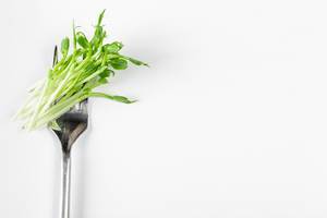 Fork with fresh pea sprouts on a white background. The concept of a healthy diet, free space (Flip 2020)